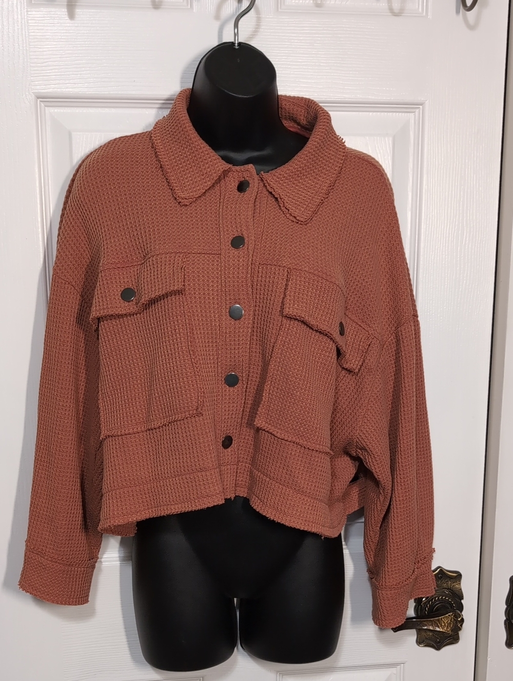 POL Button Down Waffle Knit Boho Cropped Slouchy Sweater Jacket Oversized Small